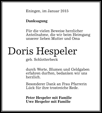 Anzeige von Doris Hespeler von Reutlinger Generalanzeiger