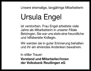 Anzeige von Ursula Engel von Reutlinger Generalanzeiger