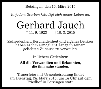 Anzeige von Gerhard Jauch von Reutlinger Generalanzeiger