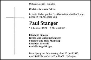 Anzeige von Paul Stanger von Reutlinger Generalanzeiger