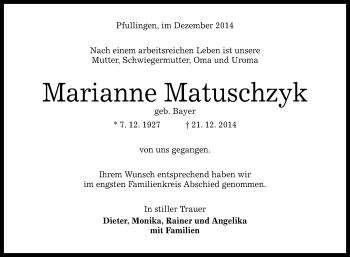 Anzeige von Marianne Matuschzyk von Reutlinger Generalanzeiger