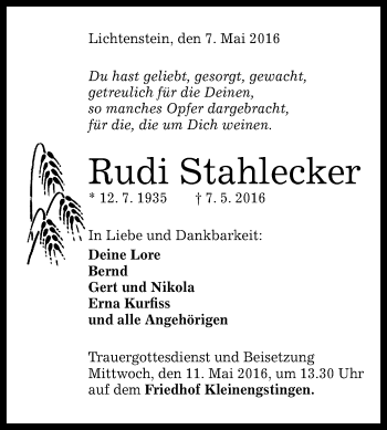 Anzeige von Rudi Stahlecker von Reutlinger Generalanzeiger