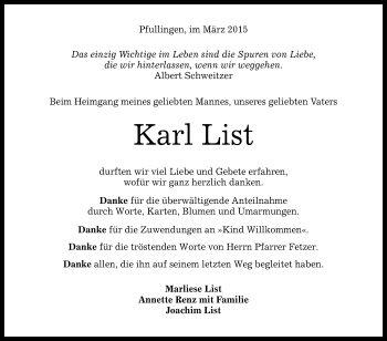Anzeige von Karl List von Reutlinger Generalanzeiger