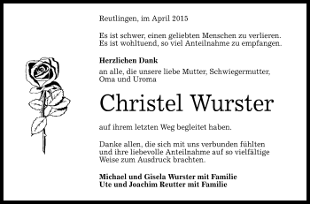 Anzeige von Christel Wurster von Reutlinger Generalanzeiger