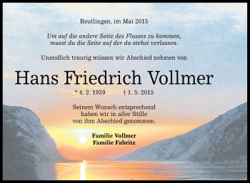 Anzeige von Hans Friedrich Vollmer von Reutlinger Generalanzeiger
