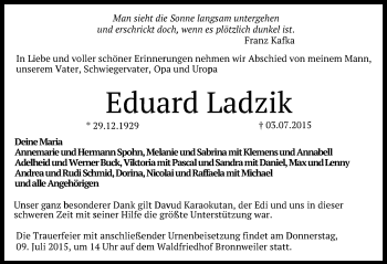 Anzeige von Eduard Ladzik von Reutlinger Generalanzeiger