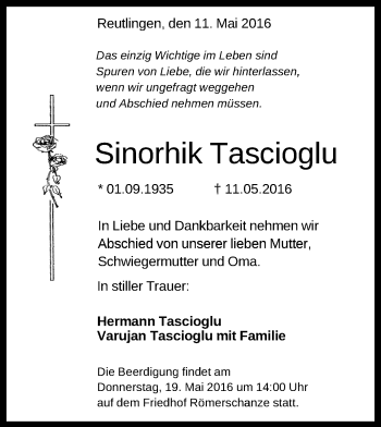 Anzeige von Sinorhik Tascioglu von Reutlinger Generalanzeiger