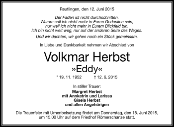 Anzeige von Volkmar Herbst von Reutlinger Generalanzeiger
