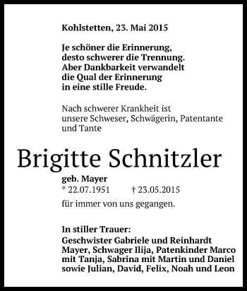 Anzeige von Brigitte Schnitzler von Reutlinger Generalanzeiger