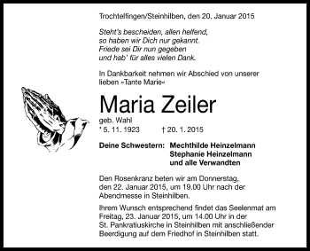 Anzeige von Maria Zeiler von Reutlinger Generalanzeiger