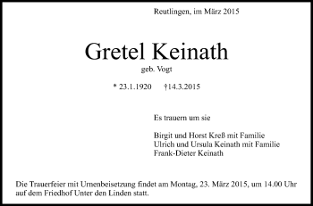 Anzeige von Gretel Keinath von Reutlinger Generalanzeiger
