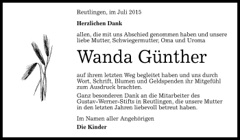 Anzeige von Wanda Günther von Reutlinger Generalanzeiger