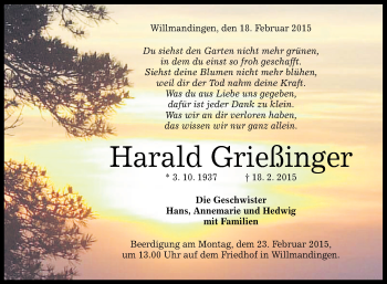 Anzeige von Harald Grießinger von Reutlinger Generalanzeiger