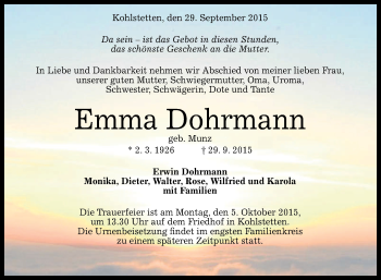 Anzeige von Emma Dohrmann von Reutlinger Generalanzeiger