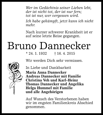 Anzeige von Bruno Dannecker von Reutlinger Generalanzeiger