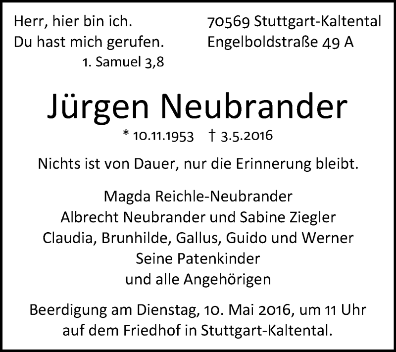  Traueranzeige für Jürgen Neubrander vom 06.05.2016 aus Reutlinger Generalanzeiger