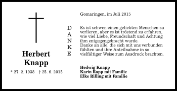 Anzeige von Herbert Knapp von Reutlinger Generalanzeiger