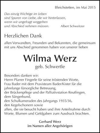 Anzeige von Wilma Werz von Reutlinger Generalanzeiger