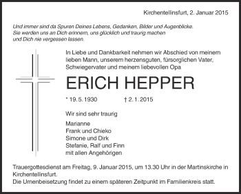 Anzeige von Erich Hepper von Reutlinger Generalanzeiger