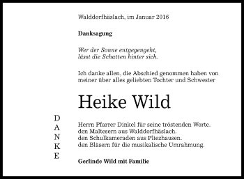 Anzeige von Heike Wild von Reutlinger Generalanzeiger