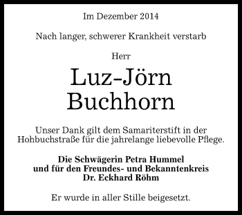 Anzeige von Luz-Jörn Buchhorn von Reutlinger Generalanzeiger