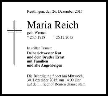 Anzeige von Maria Reich von Reutlinger Generalanzeiger
