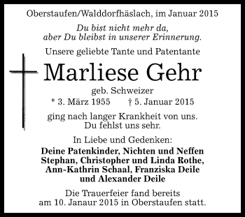 Anzeige von Marliese Gehr von Reutlinger Generalanzeiger