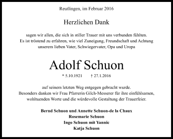Anzeige von Adolf Schuon von Reutlinger Generalanzeiger