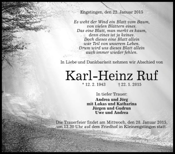 Anzeige von Karl-Heinz Ruf von Reutlinger Generalanzeiger