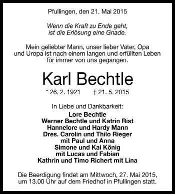 Anzeige von Karl Bechtle von Reutlinger Generalanzeiger
