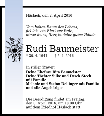 Anzeige von Rudi Baumeister von Reutlinger Generalanzeiger