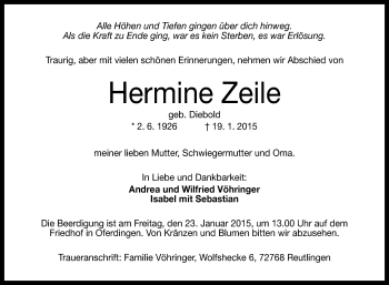 Anzeige von Hermine Zeile von Reutlinger Generalanzeiger