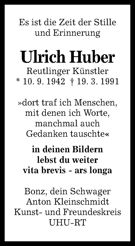  Traueranzeige für Ulrich Huber vom 19.03.2016 aus Reutlinger Generalanzeiger
