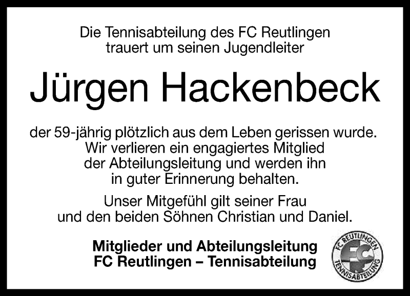  Traueranzeige für Jürgen Hackenbeck vom 01.06.2016 aus Reutlinger Generalanzeiger