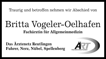 Anzeige von Britta Vogeler-Oelhafen von Reutlinger Generalanzeiger