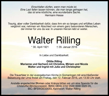 Anzeige von Walter Rilling von Reutlinger Generalanzeiger