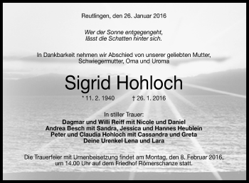Anzeige von Sigrid Hohloch von Reutlinger Generalanzeiger