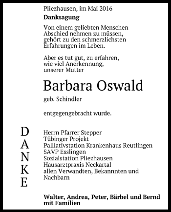 Anzeige von Barbara Oswald von Reutlinger Generalanzeiger