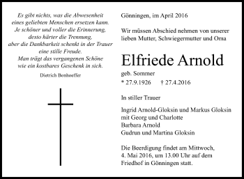 Anzeige von Elfriede Arnold von Reutlinger Generalanzeiger