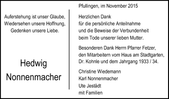 Anzeige von Hedwig Nonnenmacher von Reutlinger Generalanzeiger