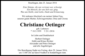 Anzeige von Christiane Oetinger von Reutlinger Generalanzeiger