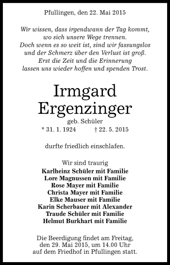 Anzeige von Irmgard Ergenzinger von Reutlinger Generalanzeiger