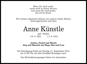 Anzeige von Anne Künstle von Reutlinger Generalanzeiger