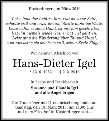 Anzeige von Hans-Dieter Igel von Reutlinger Generalanzeiger