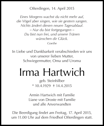 Anzeige von Irma Hartwich von Reutlinger Generalanzeiger