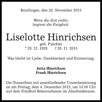 Anzeige von Liselotte Hinrichsen von Reutlinger Generalanzeiger