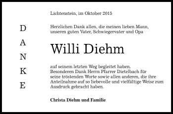 Anzeige von Willi Diehm von Reutlinger Generalanzeiger