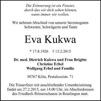 Anzeige von Eva Kukwa von Reutlinger Generalanzeiger
