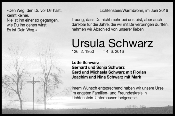 Anzeige von Ursula Schwarz von Reutlinger Generalanzeiger