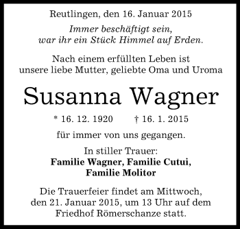 Anzeige von Susanna Wagner von Reutlinger Generalanzeiger